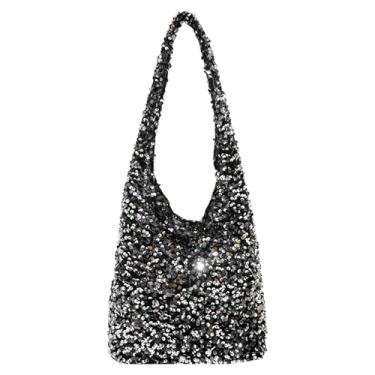 Imagem de Extolove Bolsa feminina com lantejoulas brilhantes para noite bolsa Hobo Glitter bolsa para festa de casamento, Lantejoulas pequenas prata