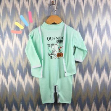 Imagem de Kit 3 pçs bebe macacao ribana com casaco e meia fofo confortavel - Tan