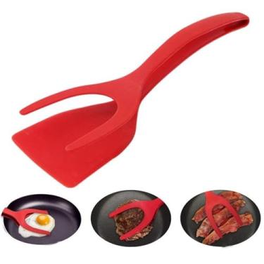 Imagem de Espátula com pinça, flipper profissional de cozinha – perfeita para ovos, bifes e panquecas com aderência antiderrapante vermelha