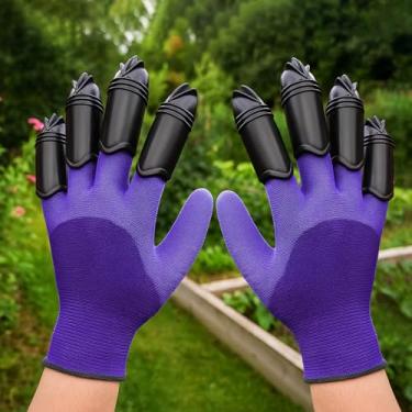 Imagem de Luvas de jardinagem com garras para cavar, plantar e capinar, luva durável para homens e mulheres, fácil de usar, impermeável (roxo, em forma de garra de gato)
