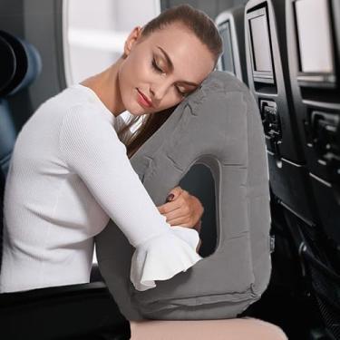 Imagem de Almofada de viagem inflável leve para avião, cinza – Inflação rápida em 1 minuto, compacta e portátil para avião, carro, escritório, oferece suporte confortável, 49,5 cm x 29,2 cm x 30,5 cm