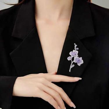 Imagem de Elegante broche de casamento de orquídea borboleta para mulheres noiva delicado roxo zircônia cristal ramo de flores corsage festa buquê de dança alfinetes de lapela acessórios de terno linda senhora