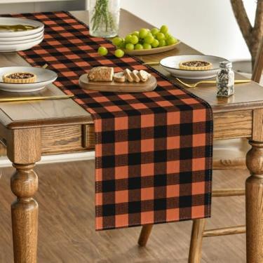 Imagem de Caminho de mesa xadrez de búfalo laranja e preto, decoração de mesa de cozinha estilo fazenda decoração de festa de casamento jantar de aniversário 33 x 91 cm