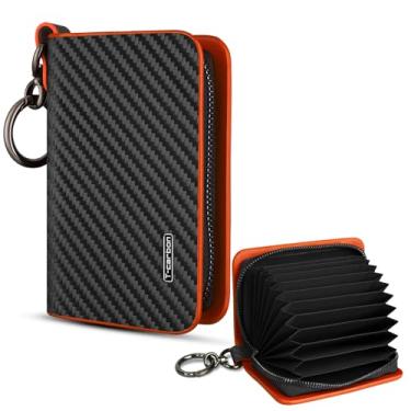 Imagem de T-carbon Porta-cartão de crédito com zíper, carteira com bloqueio de RFID para homens e mulheres, porta-cartões de visita de couro de fibra de carbono, 10 compartimentos para cartões laranja