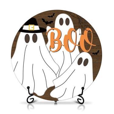 Imagem de Seclate Decorações de mesa de Halloween para casa, centros de mesa de madeira fantasma para decoração de prateleira de sala de estar, presentes Boo para mulheres amigas - E08