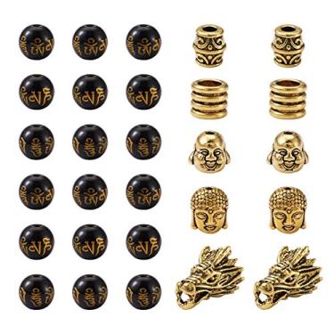 Imagem de Fashewelry 100 peças de mantra budista tibetano Om Mani Padme Hum contas redondas de 8 mm contas Fengshui Pixiu com 55 peças contas de barril de coluna de cabeça de dragão de Buda dourado antigo para