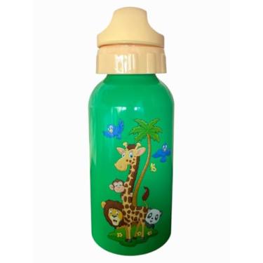 Imagem de Garrafa Infantil de Alumínio 500ml, Design Safari e Dinossauros, Tampa Rosqueável, 4 Cores, Material Leve e Resistente, Ilustrações de Animais para Escola e Viagens (Verde Safari)