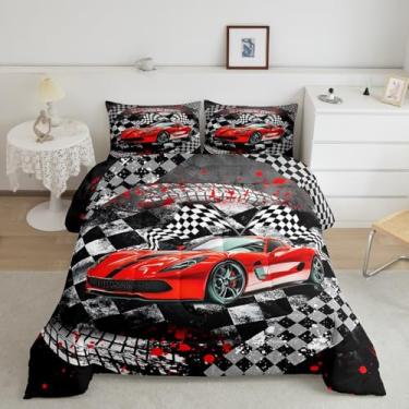 Imagem de Conjunto de edredom casal de carro de corrida vermelho para meninos e adultos, conjunto de edredom geométrico quadriculado com 3 peças
