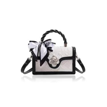 Imagem de Bi&Yamigeo Mini bolsa de mão com alça superior colorblock, vintage de couro PU, estampa floral, texturizada, bolsa de mão transversal, pequena bolsa feminina com aba em bloco de cores (preto e branco)