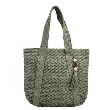 Imagem de Bolsa de Praia Grande em Palha Natural Trançada Design Sacola Grande com Alças (Verde Musgo)