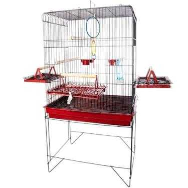 Imagem de Gaiola para Papagaio, Viveiro Grande Gaiola Aberta para Calopsita Triplex para Calopsitas Ring Neck Ave Mansas Pássaros Livres Poleiro Madeira(VIVEIRO GRANDE BLACK VERMELHO)