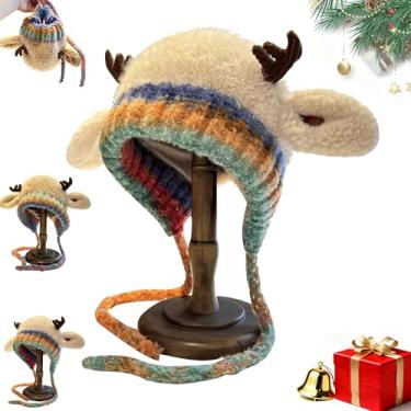 Imagem de Chapéu de chifre festivo de Natal, gorro e bolsa de inverno conversível 2 em 1, malha de pelúcia macia, acessório aconchegante de férias para adultos e crianças, cáqui
