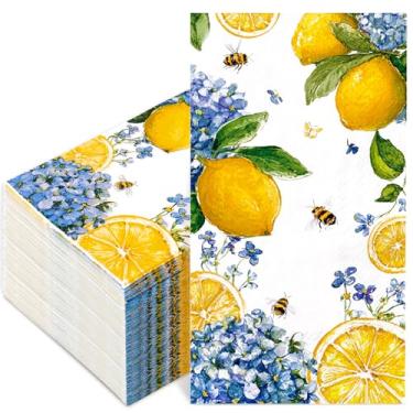 Imagem de FYSUIMU Guardanapos de papel para convidados de verão, 100 peças, toalhas de mão descartáveis de hortênsia de limão para férias, casamento, festa de aniversário, jantar, decoração de mesa de casa