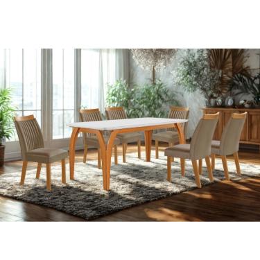 Imagem de Conjunto Sala de Jantar Mesa Agata com Tampo de Vidro 180cm e 6 Cadeiras em MDF Dara LJ Móveis - Castanho Cinamomo/ Capuccino/Off White