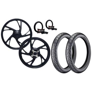 Imagem de Kit Par Roda Liga Leve Honda Pop 100 2015 Pop 110 Pé De Galinha Tambor + Pneu St300 60/100-17 + 80/100-14 + Câmara De Ar