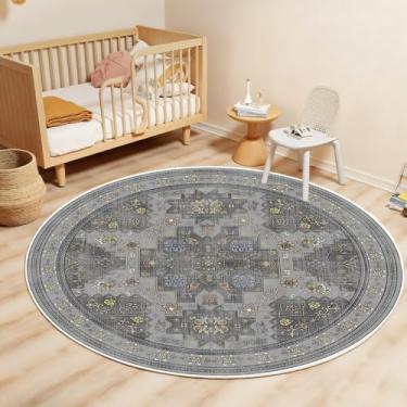 Imagem de Tapete redondo 1,2 m vintage boho pequeno tapete circular lavável tapete redondo antiderrapante para quarto de crianças escritório entrada faculdade dormitório banheiro, cinza