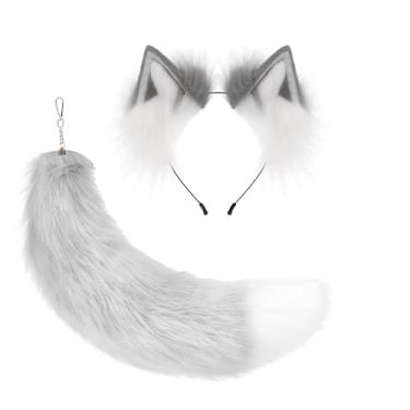 Imagem de 2 Pcs Faux Fur Fox Wolf Cat Ear Headband and Tail Keychain Furry Fancy Party Party Costume Gift Therian Stuff Tail Gear Wolf Ear for Adult, Men and Women Costume, Halloween,Masquerade Prop,Gray-white