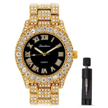 Imagem de ICEDTAG Conjunto de relógio e pulseira com algarismos romanos luxuosos com pedras grandes, mostrador colorido, Ouro - Mostrador preto, Regular, Decoração de festa chá de bebê dia dos namorados
