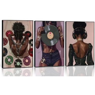 Imagem de 3 peças de arte de parede de pôster de mulher negra rosa DJ Black Girl impressões em tela moda música afro-americana imagens de meninas pinturas roxo personalidade decoração de parede para sala de