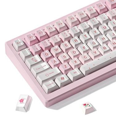 Imagem de dagaladoo Teclas rosa pbt, teclas personalizadas 60 75 100 por cento conjunto fofo, teclas de teclado brilhante estilo cerâmica, tampa de chave de perfil cereja para teclado mecânico Cherry Gateron MX