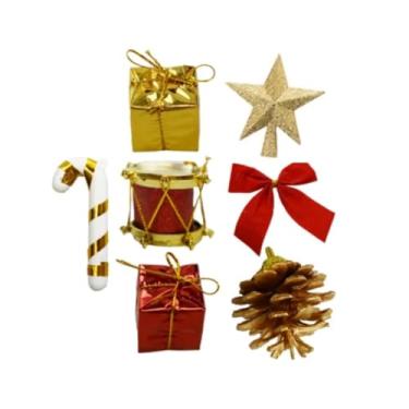 Imagem de Pendentes Decorativos para Árvore de Natal 3cm, Multicolorido, Pinhas, Bengalas, Tambores, Presentes e Laços, Kit 10 unidades