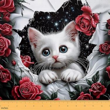 Imagem de Erosebridal Lindo tecido de estofamento de gato 3D, tecido infantil adorável gatinho por jarda, pintura a óleo, tecido decorativo rosa vermelha, céu estrelado, interior e exterior, branco burgendy, 1