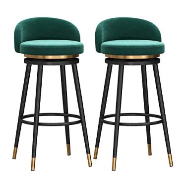 Imagem de Conjunto de 2 banquetas giratórias de veludo para casa de fazenda com altura de balcão traseiro bancos de bar de café da manhã assento giratório 360° preto pernas de metal cinza 65 cm altura (2 peças