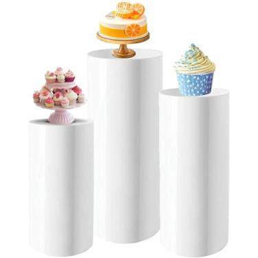 Imagem de Wzglod Pedestal de cilindro redondo branco, suporte de exibição de flores de bolo de casamento para festa, suporte de pedestal de cilindro de metal para decoração, suporte de bolo de casamento, 3