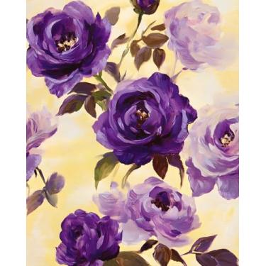 Imagem de BOKEBEVE Papel de parede floral amarelo roxo flores vintage papel de parede boho papel de parede para mural de parede quarto armário de banheiro despensa amigável para locatário removível 17,5 x 118
