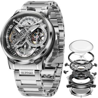 Imagem de OLEVS Relógios masculinos esqueleto automático mecânico automático relógio de luxo relógio masculino de aço inoxidável à prova d'água luminoso Wirstwatch presente para homens, Preto prateado 3278