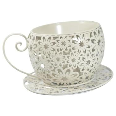 Imagem de predolo Vaso de metal em formato de xícara de café, ideal para plantas e flores, perfeito para cafés e jardins, Branco