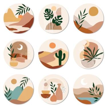 Imagem de ANATTASOUL Conjunto de 9 porta-copos com estampa de paisagens boêmias de montanha porta-copos de madeira colorida presente de inauguração de casa redonda para casa nova, proteção de mesa de centro