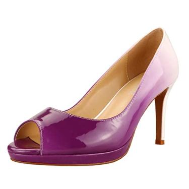 Imagem de LEMUTISME Sandálias femininas de couro envernizado, sexy, sem cadarço, salto alto, salto alto, chique, brilhante, bico aberto, salto agulha plataforma, Branco-roxo, 35