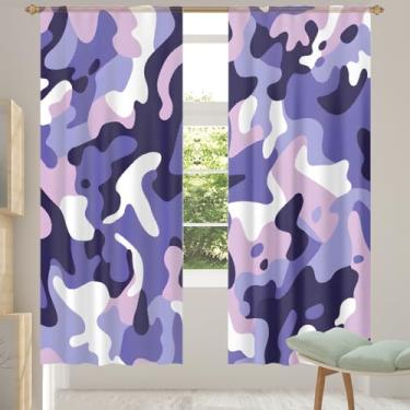 Imagem de 2 conjuntos de painéis de cortinas transparentes com estampa roxa camuflada, cortinas transparentes arejadas com filtro leve, painéis de cortina de porta e janela para sala de estar, quarto, jantar