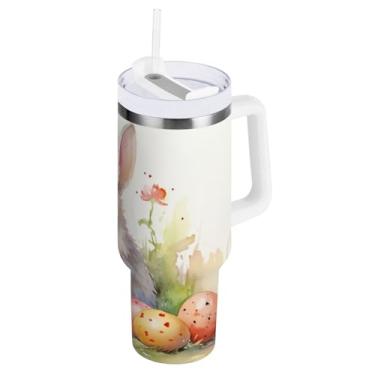 Imagem de ATTX Copo de coelho fofo de Páscoa de 850 g com alça, copo de aço inoxidável a vácuo de parede dupla com palha, caneca de café de viagem isolada #474