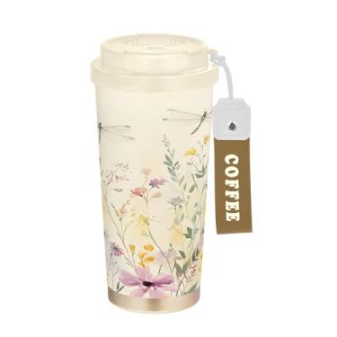 Imagem de SEHANY Caneca de viagem colorida de ervas silvestres de 500 ml Copos de café reutilizáveis revestidos de cerâmica com tampa à prova de vazamento, parede dupla, isolamento a vácuo, copo de café de aço