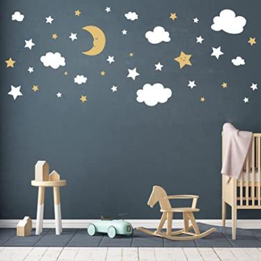 Imagem de Adesivos de parede lua crescente, estrelas e nuvens, adesivos de parede de berçário lua e estrelas, céu estrelado, decoração de sala de jogos, mural, quarto infantil, arte de parede Y59 (branco