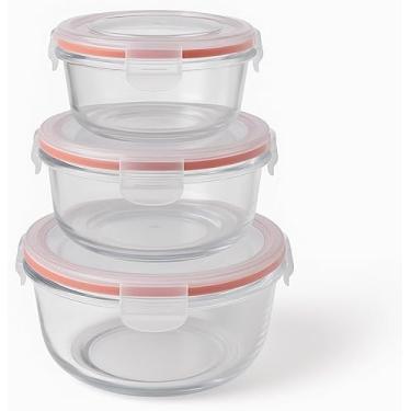 Imagem de Conjunto 3 Potes Herméticos Redondos Multiuso com Tampa, Plástico, Transparente com Detalhe Rosa, 320ml/580ml/1000ml, Livre de BPA, Empilháveis