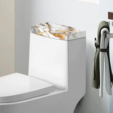 Imagem de Tesivruno Tampa de vaso sanitário com estampa de mármore, resistente a manchas e poeira, ajuste universal para a maioria dos tanques de banheiro, decoração de banheiro, branco e dourado