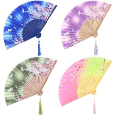 Imagem de 4 pacotes de leques de mão de seda para mulheres, dobráveis, leques dobráveis de 21 cm com molduras de bambu, artesanatos portáteis estilo chinês para dança, adereços de fotografia, decoração de casa