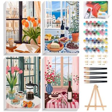 Imagem de Kit de pintura por números para adultos com cenário de janela de moldura, pintura emoldurada por número para adultos iniciantes com cavalete de madeira, pintura de café faça você mesmo por números em
