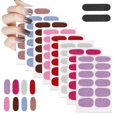 Imagem de Kit de 8 folhas de adesivos de unhas com glitter, tiras de esmalte, adesivos autoadesivos, tiras de unhas de gel, decalques artísticos com lixa para mulheres, decorações de artesanato DIY