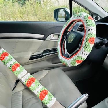 Imagem de OnEternal Capa de volante de crochê feita à mão, capa de cinto de segurança de cogumelo fofo, decorações de acessórios de interior de carro. (capa de volante + 2 capas de cinto de segurança)