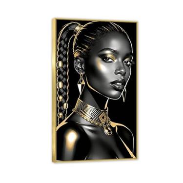 Imagem de SDYJ6GSW Arte de parede em tela de mulher negra, pôsteres de fotos de mulheres negras, pintura impressa para sala de estar, quarto, decoração de casa, pronto para pendurar, moldura dourada 70 x 120 cm