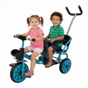 Imagem de Triciclo Duplo Infantil 2 Lugares com Empurrador Double Tipo Carrinho Bicicleta Duo Passeio Cesto Campainha e Haste Guia Pais Certificado INMETRO (Azul)