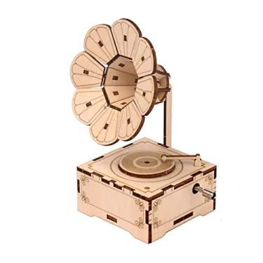 Imagem de Puzzle de Madeira 3D Fonógrafo Retrô Caixa Música com Manivela Vintage Gramophone Kit Modelo Artefato Montagem DIY Decoração para Casa Educacional Aniversários e Férias Estudantes Meninos Meninas Adul