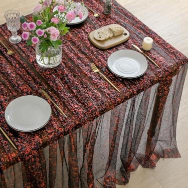 Imagem de Horaldaily Toalha de mesa retangular de gaze preta e vermelha dourada 152 x 300 cm, folha metálica com glitter preto e vermelho, gaze de tule transparente para casamento, chá de bebê, cerimônia de