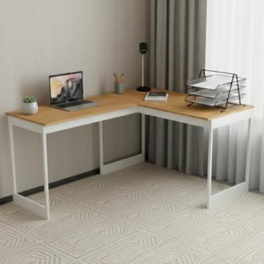 Imagem de Mesa Em L Estilo Industrial Escrivaninha De Canto Escritório Estudo (Nogal Pés Brancos)