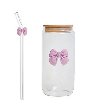 Imagem de Copo de canudo de arco de vidro com tampa e canudo, design criativo de laço colorido, copo de vidro simples, adequado para decoração de casa, copo de água potável diário para casa, copo de água de