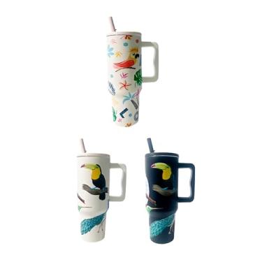 Imagem de Copo Térmico com Canudo, Estampa Aves Tropicais, Aço Inoxidável, 1200ml, Isolamento a Vácuo, 25,5cm Altura